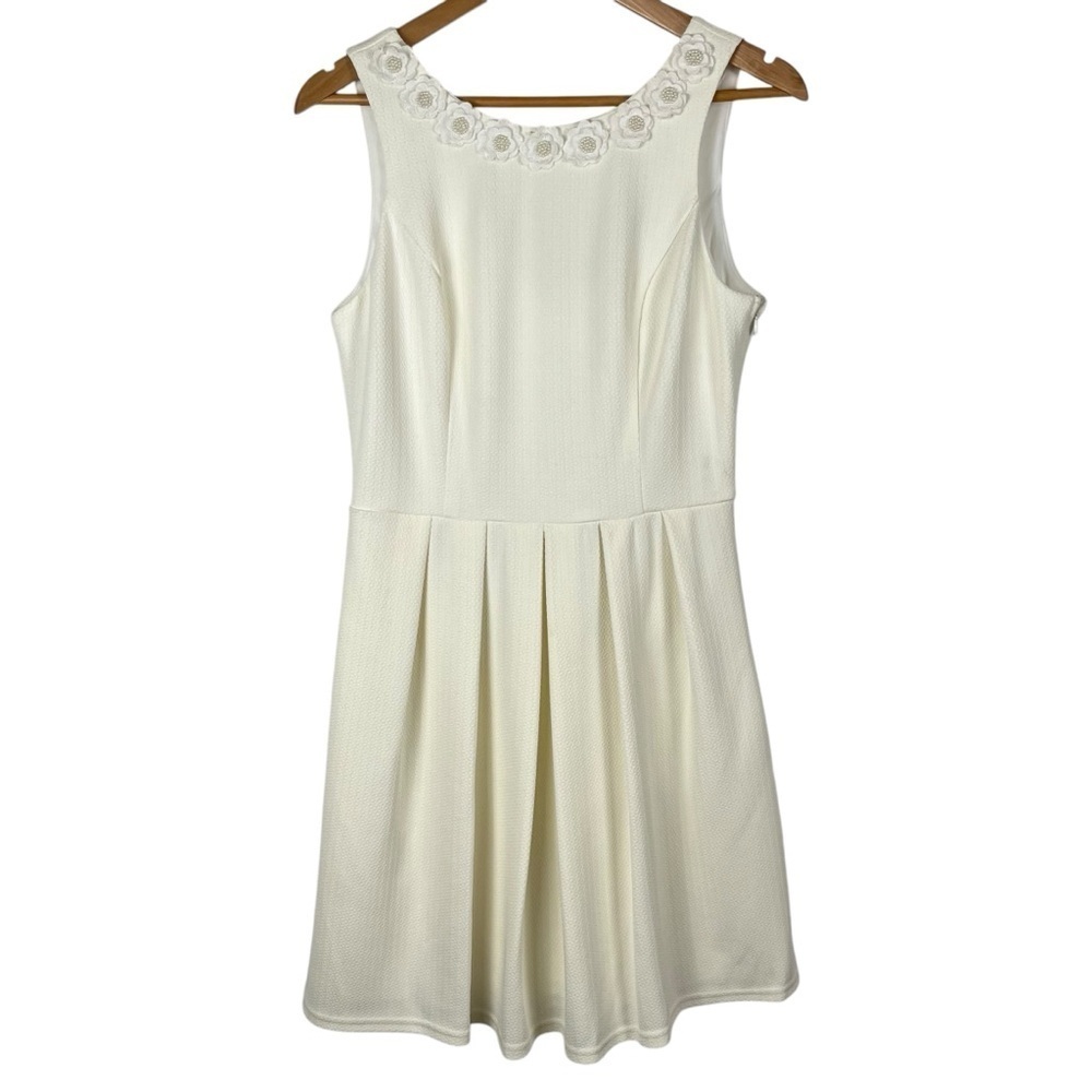 NWT Francesca’s Blue Rain Ivory Textured Dress with Back Bow Size Large